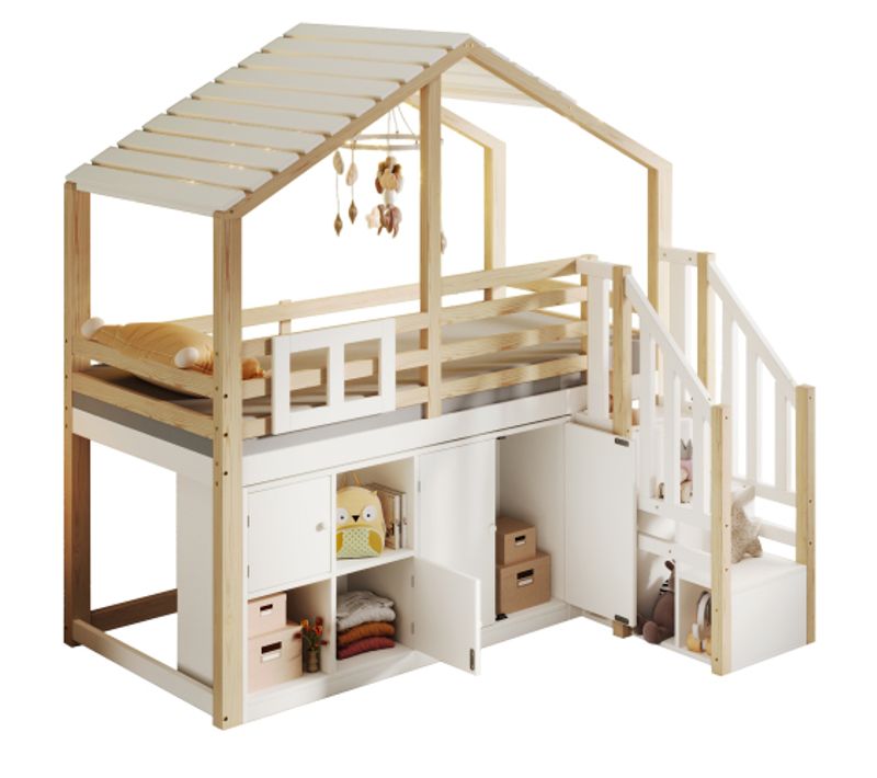 Lit Mezzanine 90x200 Cm Avec Armoire, Échelle De Rangement, Fenêtre, Toit, Blanc Et Bois
