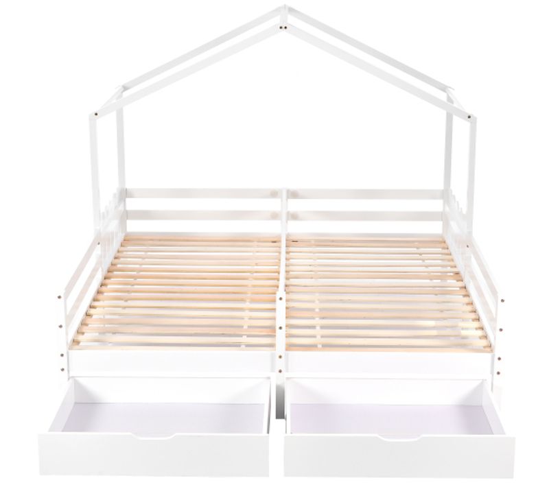 Lit Cabane Enfant 90x200 Cm, Lit 2 Personnes, Avec Lattes Et 2 Tiroirs, En Bois, Blanc