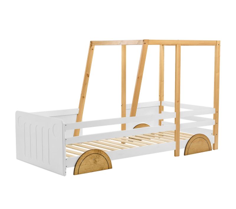 Lit Enfant 90x200 Cm Forme Voiture, Avec Barrières De Sécurité, En Bois, Blanc Et Naturel