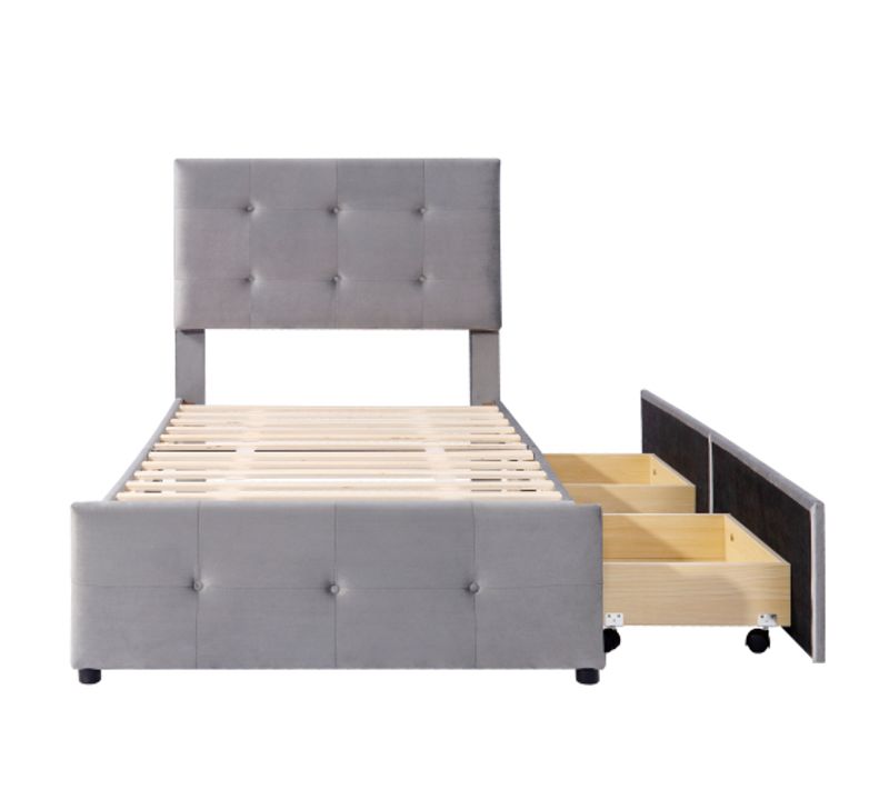 Lit Enfant 90x200 Cm Avec Tête De Lit Et 2 Tiroirs, Avec Lattes, En Velours Gris