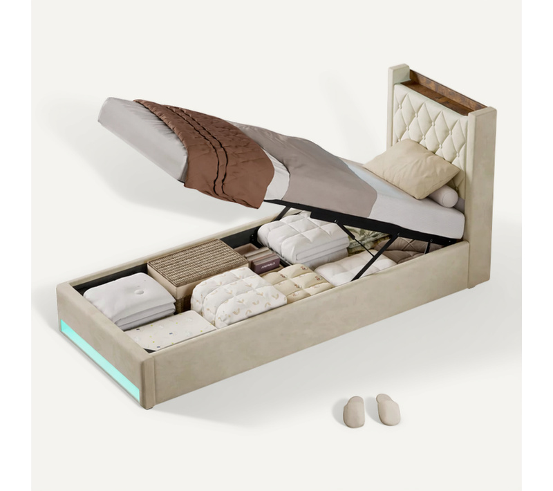 Lit Coffre 90x200 Cm, Lit Enfant Avec Lumière LED, Port USB Et Prise, Étagère, En Velours, Beige