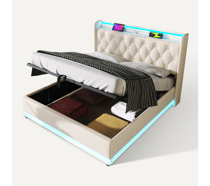 Lit Coffre Adulte 160x200cm, Lit Double Avec LED, USB,type-c Et Sommier, Pu, Blanc