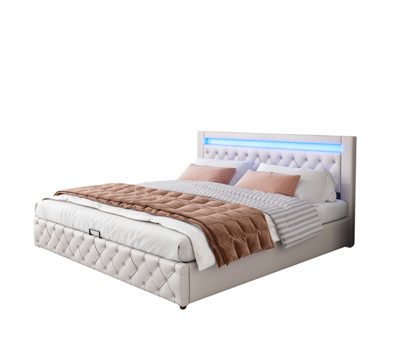 Lit Adulte, Lit Rembourré 160 X 200 Cm,  Avec Éclairage LED, Avec Fonction De Rangement, Blanc, Pu