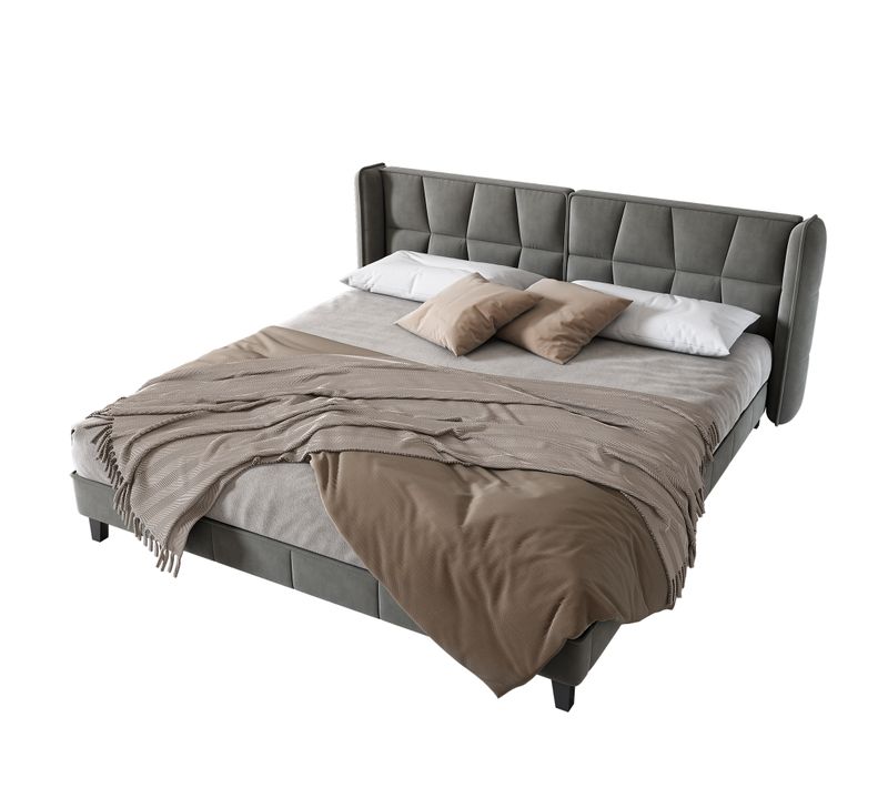Lit Adulte 180x200cm Avec Sommier à Lattes Et Tête De Lit, Velours, Gris