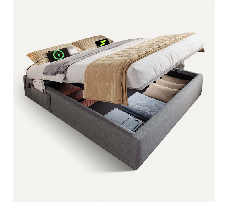 Lit Coffre Adulte 160x200cm, Lit Double Avec USB,type-c Et Sommier, Coton Et Lin, Gris