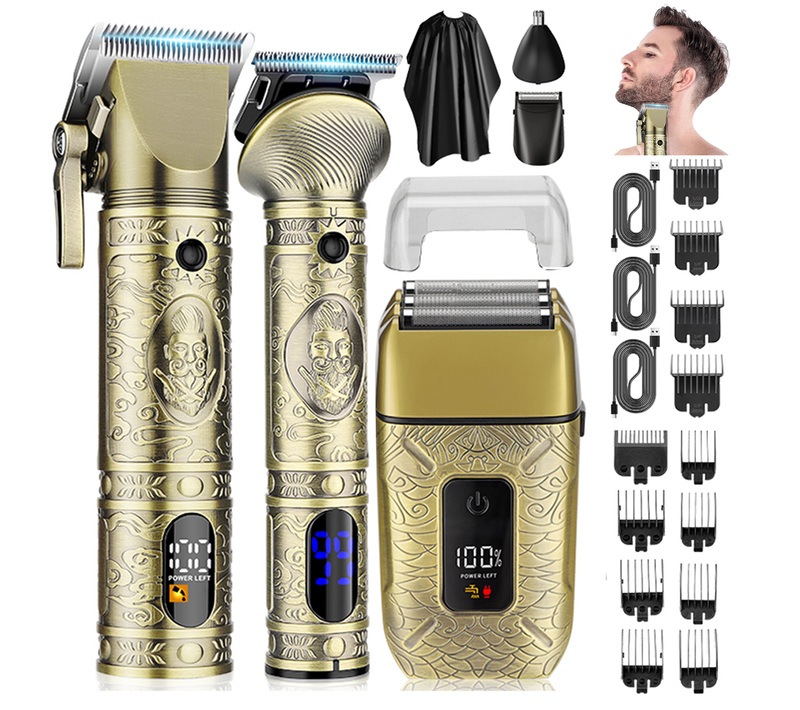 Kit Tondeuse Multifonction Homme Rétro Cuivre – Rasoir, Finitions, Nez, Écran LED
