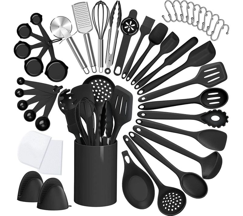 Set Ustensiles De Cuisine 43 Pièces En Silicone – Kit Complet Avec Support, Noir