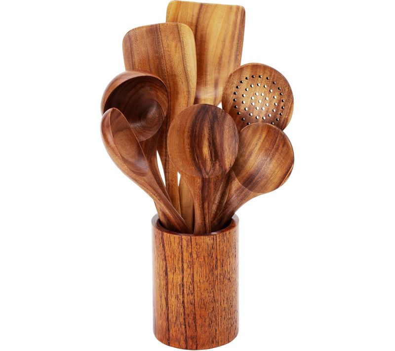 Set Ustensiles De Cuisine En Bois 7 Pièces Avec Pot – Spatules Pour Poêles Antiadhésives