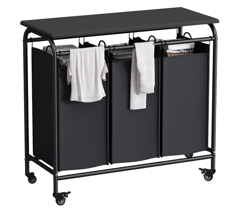 Panier à Linge 3 Compartiments Avec Planche à Repasser – Chariot à Roulettes