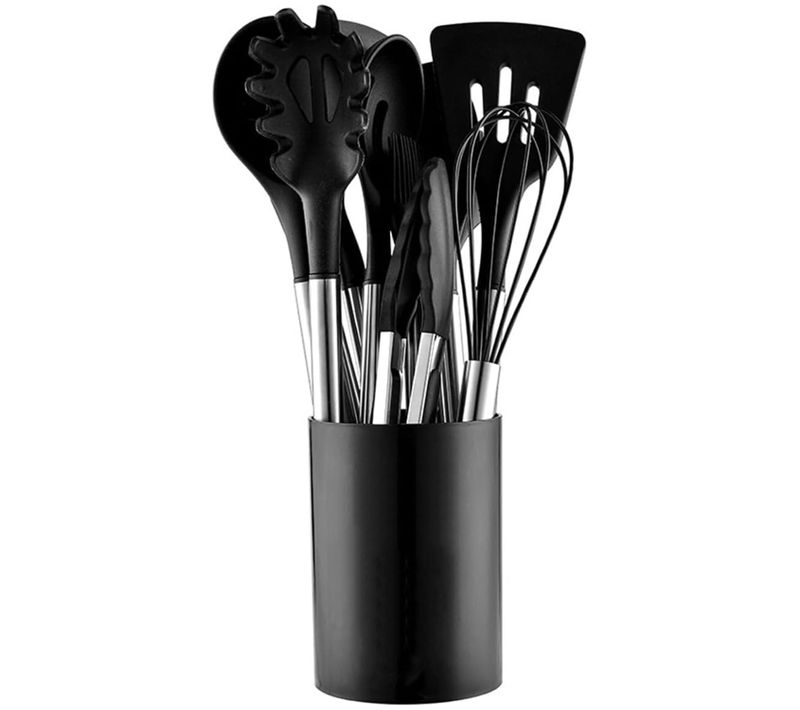 Ustensiles De Cuisine 12 Pièces En Silicone Noir – Résistant 230°c Avec Support