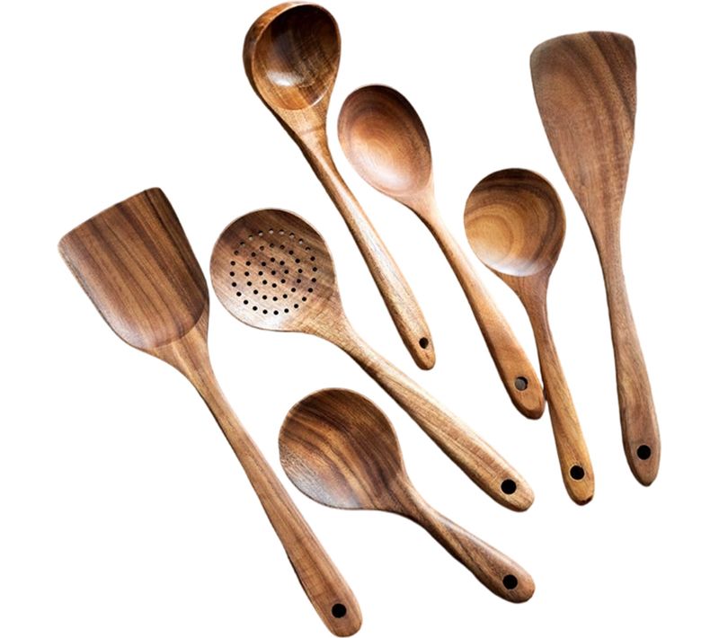 Ustensiles De Cuisine En Bois 7 Pièces – Teck Naturel Pour Poêles Antiadhésives