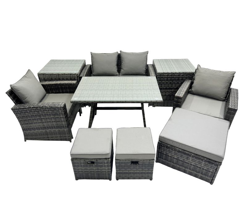 7 Places Gris Foncé Mixte Dossier Haut Rattan Canapé Set Table à Manger Garden Furniture Outdoor