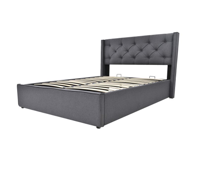 Lit Double Hydraulique Avec Rangement, 160x200 Cm, Cadre En Métal, Tissu Gris