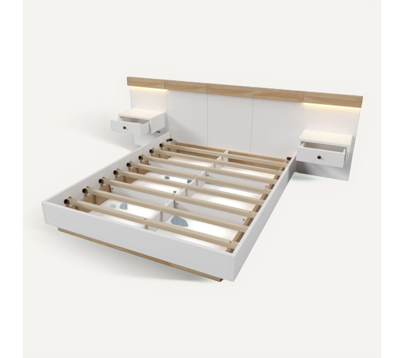 Lit double 180x200 cm avec tête de lit USB-C, LED et 2 chevets intégrés, décor chêne Sonoma blanc