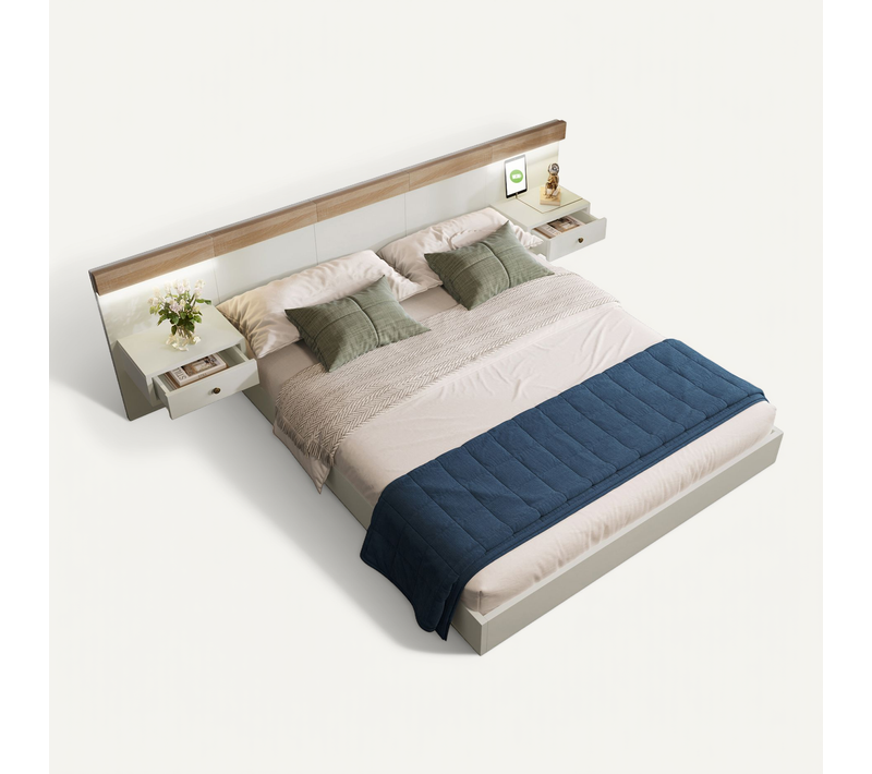 Lit Double 160x200 Cm Avec 2 Tables De Chevet à LED Et Prise USB C - Blanc