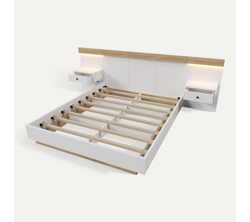 Lit Double 140x200 Cm Avec 2 Tables De Chevet LED Et Prise USB C - Blanc