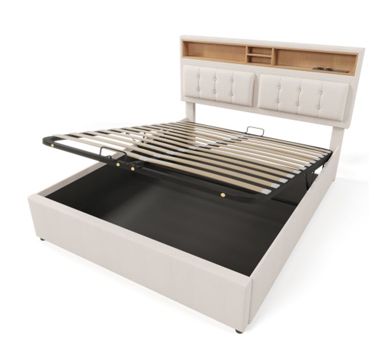 Lit Avec Rangement Et Tête De Lit Ajustable, Cadre De Lit En Lin, 160x200 Cm