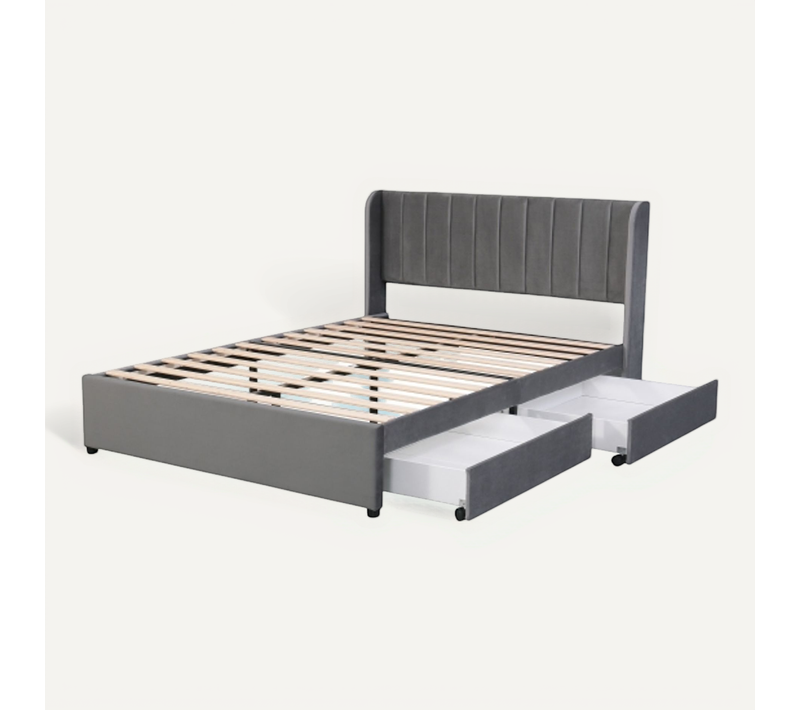 Lit Rembourré 140 X 200 Cm En Velours Avec Sommier à Lattes Et 2 Tiroirs, Gris
