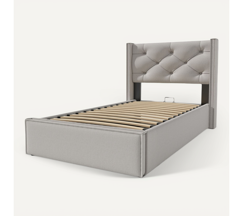 Lit Simple Hydraulique Avec Cadre En Métal Et Rangement, Gris Clair 90x200cm