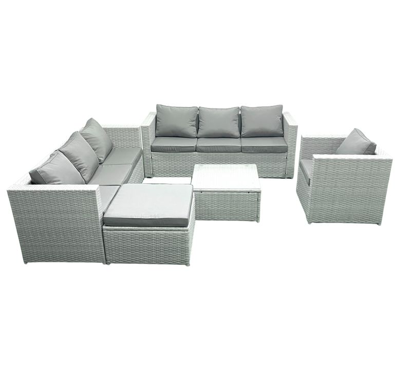 Meubles D'extérieur En Rotin Avec Fauteuil Table Basse Carrée Grand Tabouret Gris Clair Mixte