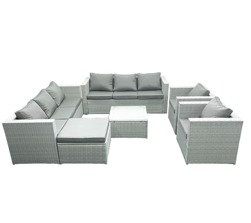 Salon De Jardin En Rotin Avec 2 Fauteuil Table Basse Carrée Grand Tabouret Gris Clair Mixte