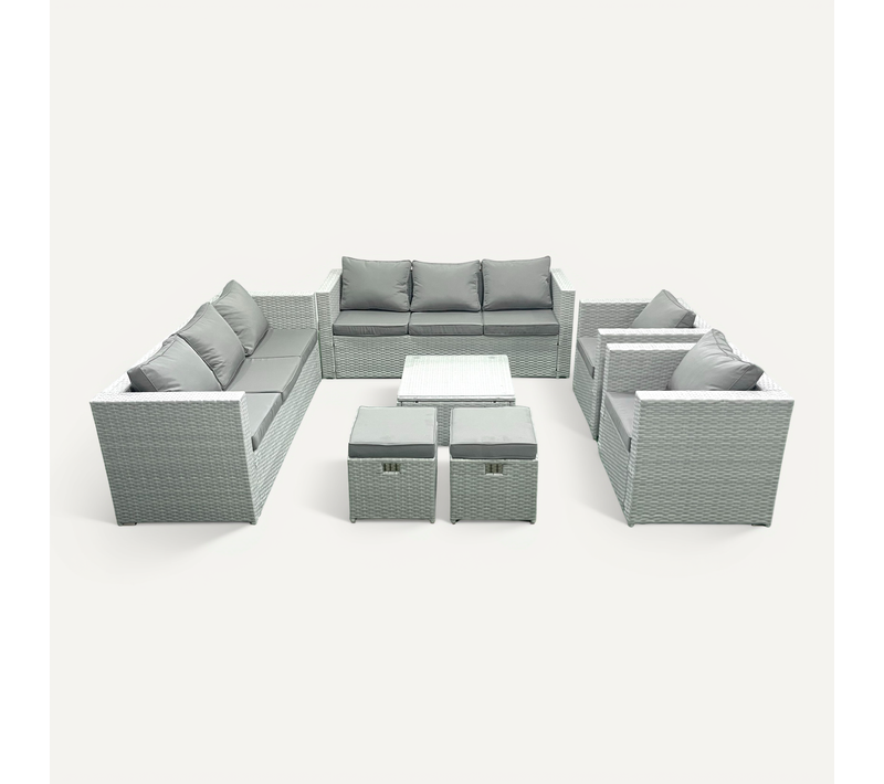 Salon De Jardin En Rotin Avec 2 Fauteuil Table Basse Carrée 2 Petits Tabourets Gris Clair Mixte