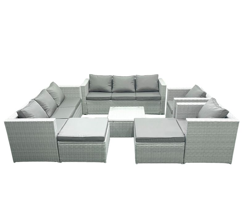 Salon De Jardin En Rotin Avec 2 Fauteuil Table Basse Carrée 2 Grand Tabourets Gris Clair Mixte