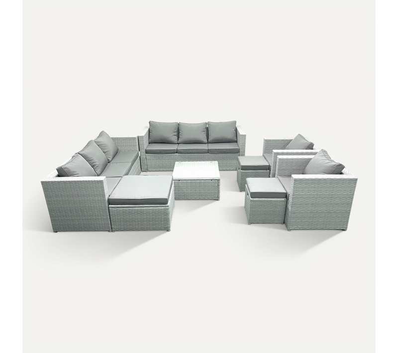 Salon De Jardin En Rotin Avec 2 Fauteuil Table Basse Carrée 3 Tabourets Gris Clair Mixte