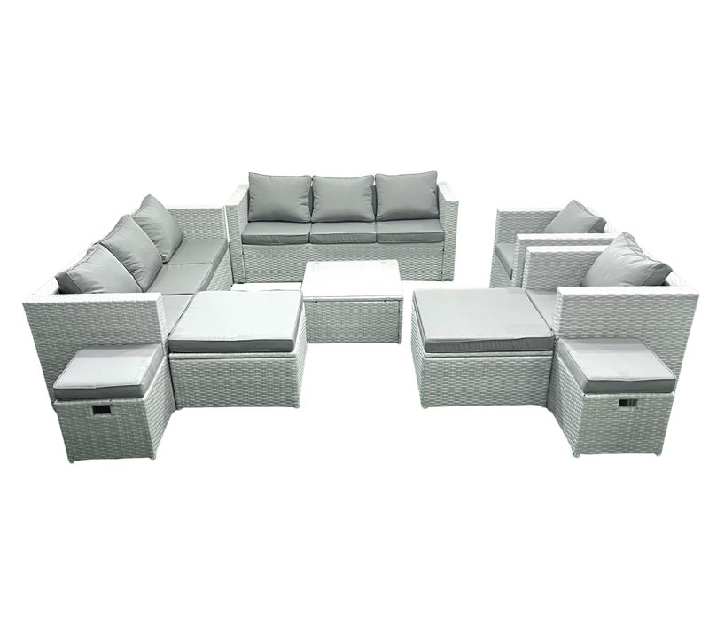 Salon De Jardin Exterieur En Résine 12 Places Avec Canapé 4 Tabourets Gris Clair Mixte