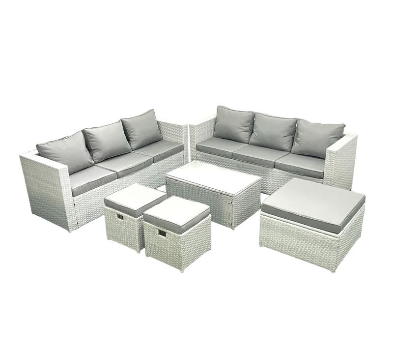 Ensemble De Meubles D'extérieur En Rotin 9 Places Avec 3 Tabourets Gris Clair Mixte