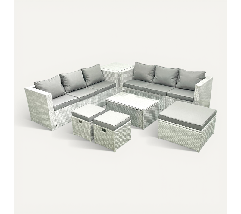 Ensemble De Meubles D'extérieur En Rotin 9 Places Avec 3 Tabourets Table D'appoint Gris Clair Mixte