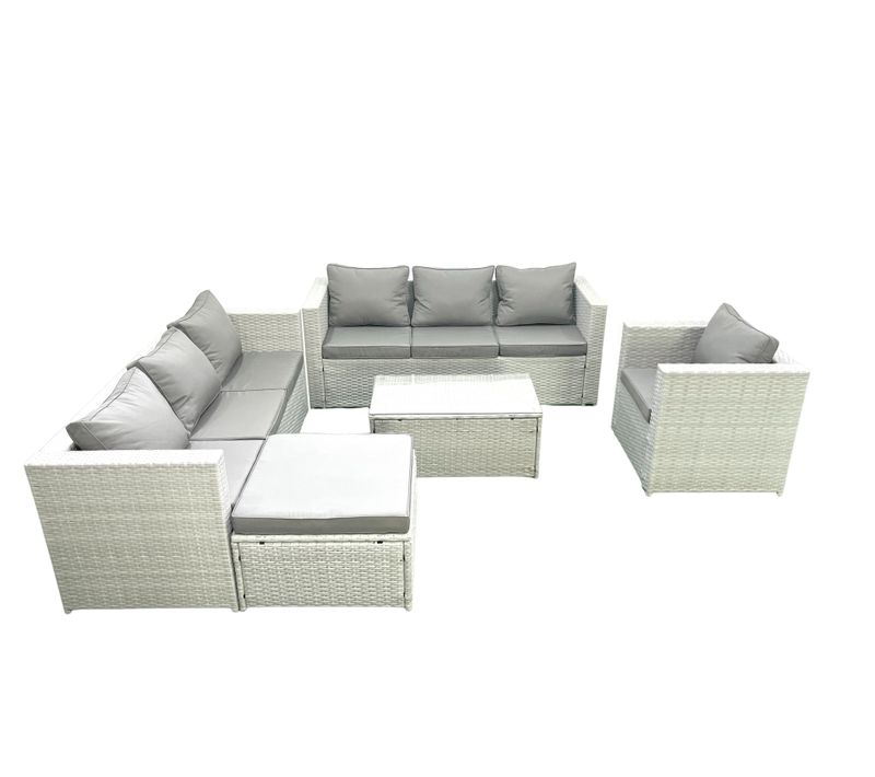 Meubles D'extérieur En Rotin Avec Fauteuil Table Basse Oblongue Grand Tabouret Gris Clair Mixte