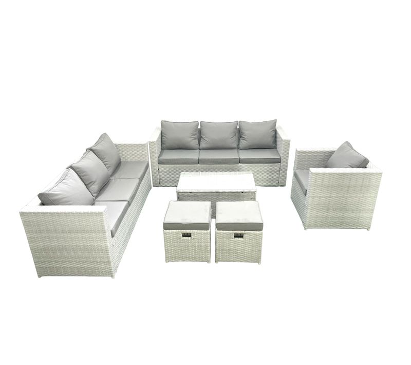 Meubles D'extérieur En Rotin Avec Fauteuil Table Basse Oblongue 2 Petits Tabourets Gris Clair Mixte