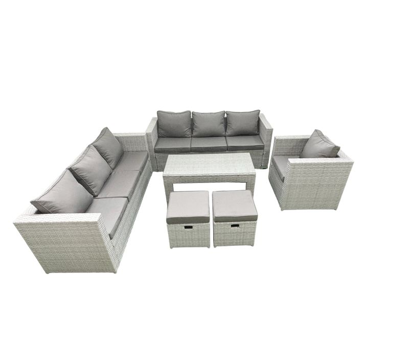 Meubles D'extérieur En Rotin Avec Table Basse Oblongue Fauteuil 2 Petits Tabourets Gris Clair Mixte