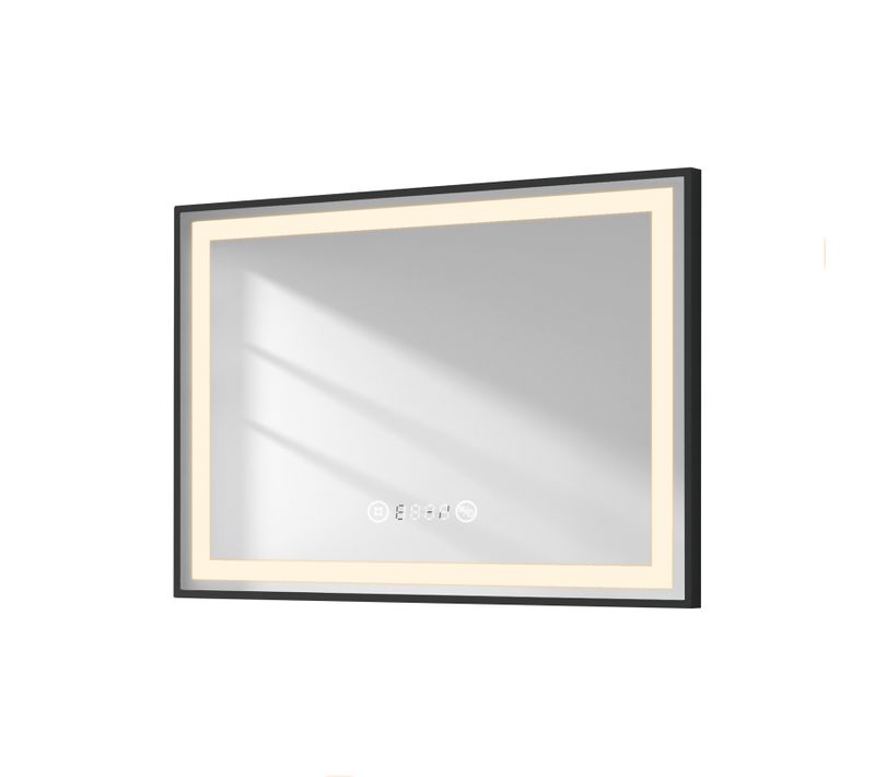 Miroir LED Salle De Bain 70x50cm Cadre Noir Tactile Anti Buée Horloge Température Lumière Neutre