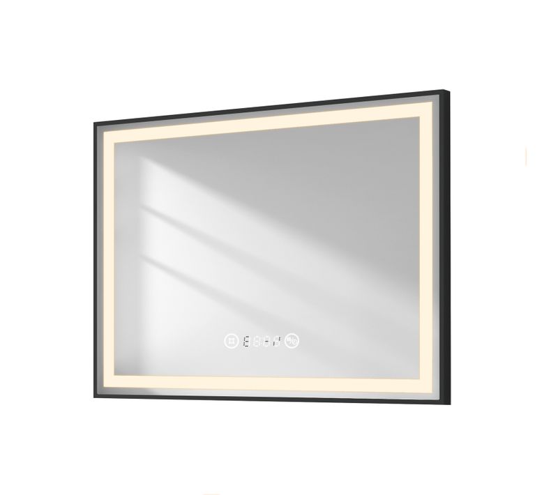 Miroir LED Salle De Bain 80x60cm Cadre Noir Tactile Anti Buée Horloge Température Lumière Neutre