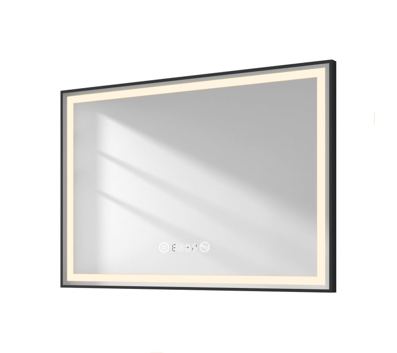 Miroir LED Salle De Bain 100x70cm Cadre Noir Tactile Anti Buée Horloge Température Lumière Neutre