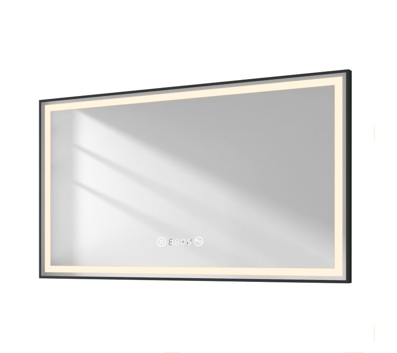 Miroir LED Salle De Bain 120x70cm Cadre Noir Tactile Anti Buée Horloge Température Lumière Neutre