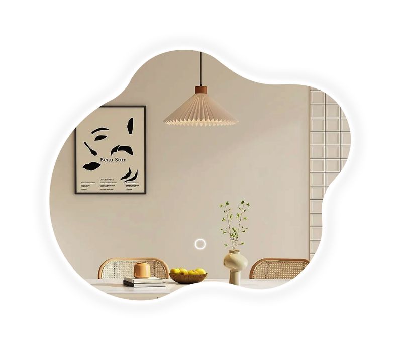 Miroir LED Salle De Bain Sans Cadre 50x45cm Tactile Anti Buée Design 3 Couleurs Forme Artistique