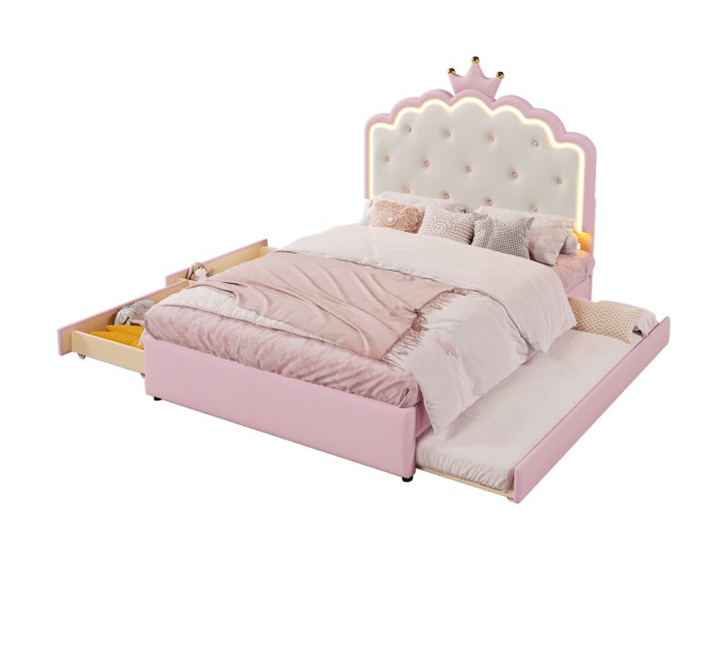 Lit Adulte Lit 140x200, Lit Gigogne Avec LED Réglable Et 2 Tiroirs, Pu, rose