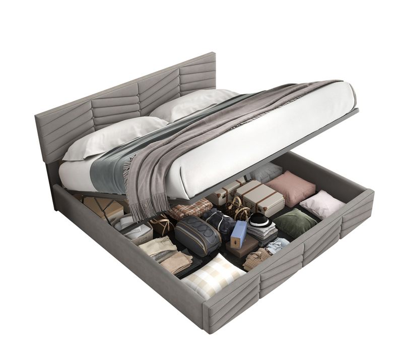Lit Double Lit Coffre 180x200 Cm Tête De Lit Réglable En Hauteur, Velours, Gris, Sans Matelas