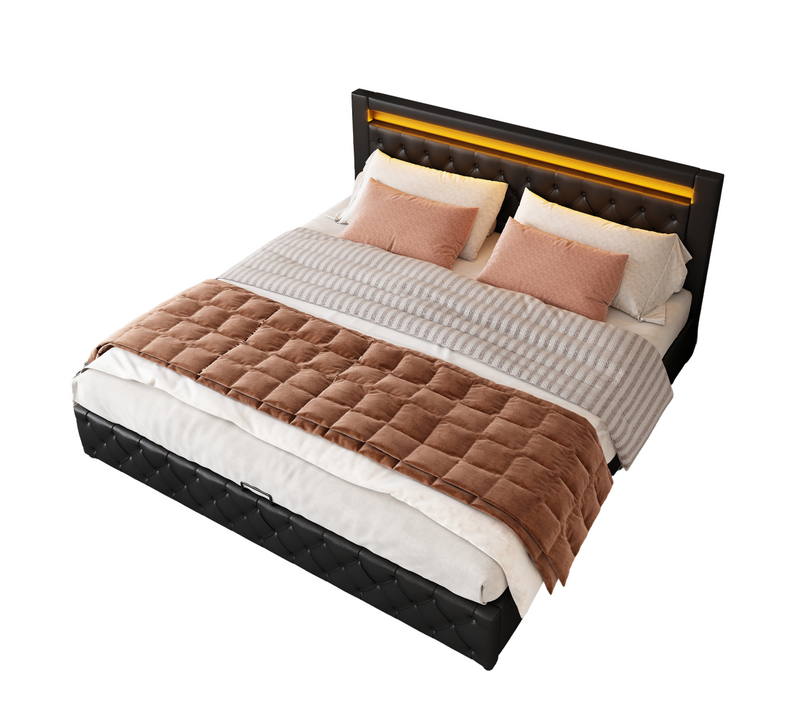Lit Coffre Lit Double Rembourré 180x200 Cm Avec LED Et Sommier à Lattes, Pu, Noir, Sans Matelas