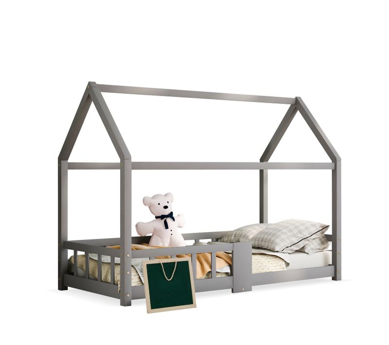 Lit Cabane Enfant 90x200 Cm Avec Sommier à Lattes Et Planche à Dessin, En Pin, Gris, Sans Matelas