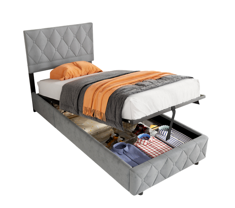 Lit Enfant Lit Coffre 90x190 Cm Lit Simple Avec Sommier à Lattes, Velours, Gris