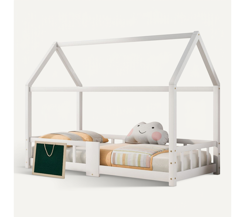 Lit Cabane Enfant 90x200 Cm Avec Sommier à Lattes Et Tableau Noir, Pin, Blanc