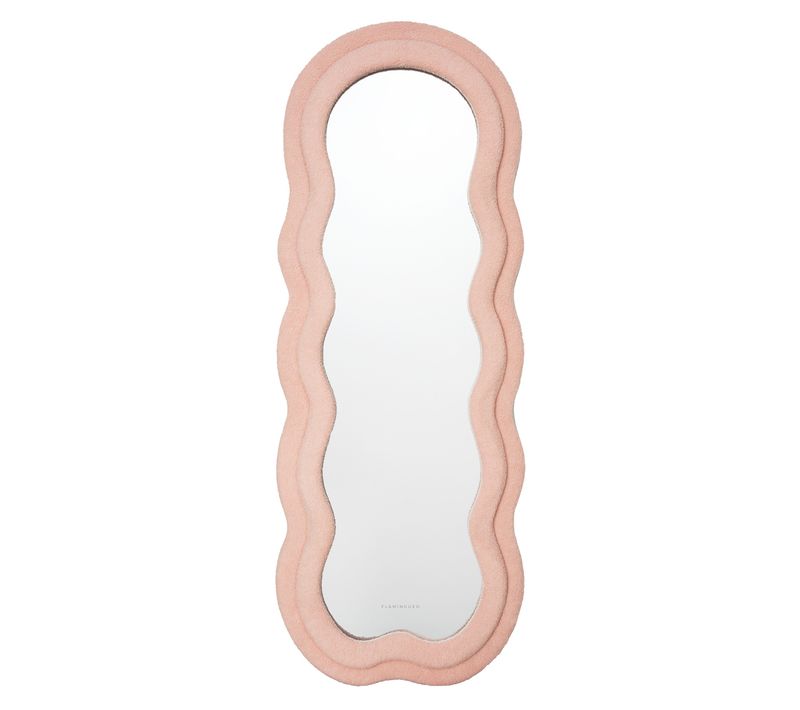 Grand Miroir Sur Pied Asymétrique, Rose, Tissu Teddy, 160 X 60 X 4 Cm