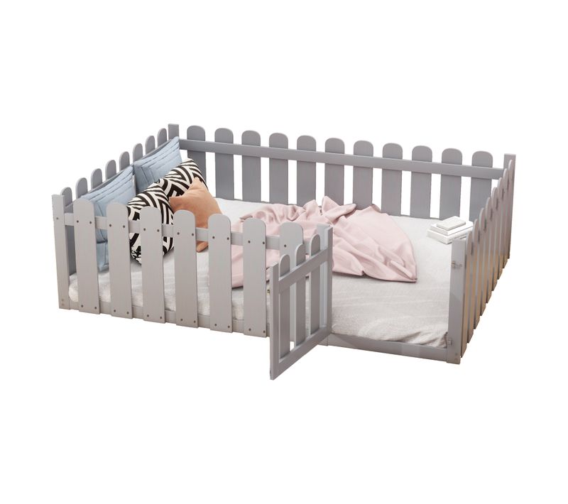 Lit Pour Enfant 140 X 200 Cm, Cadre De Lit En Bois Avec Bordure Et Porte, Gris
