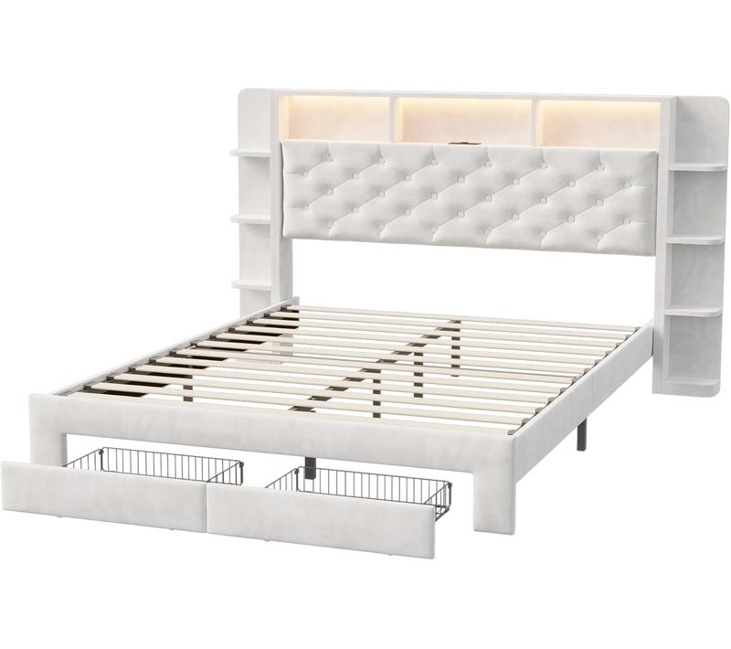 Lit 160x200 Cm Avec 2 Tiroirs, Lit Capitonné Avec LED Réglable, USB, Rangement, Velours, Blanc