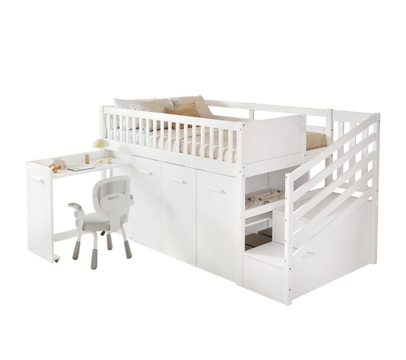 Lit Cabane Enfants Avec Barriere 90x200 Cm, Lit Mezzanine 1 Place Escalier, Avec 2 Casiers, Blanc