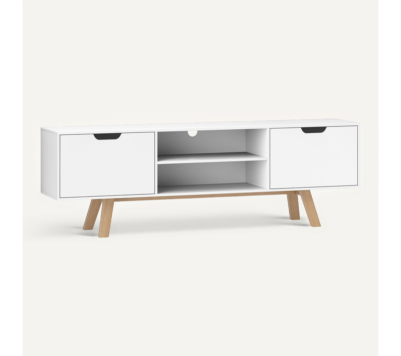 Meuble TV Scandinave 2 Portes 2 Niches 150l X 39l X 50h Cm, Blanc